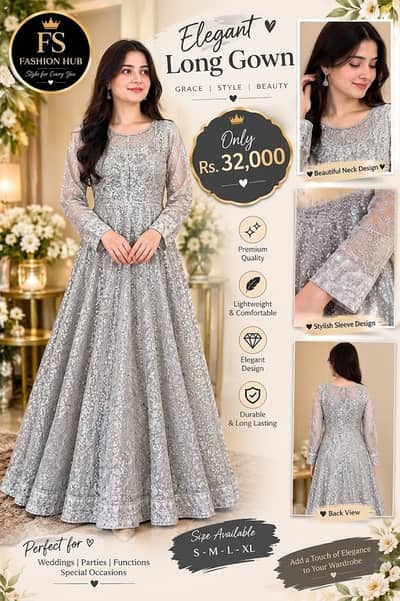 Silver Long Gown | Embroidered Party Wear Maxi | Wedding & Formal Dres
