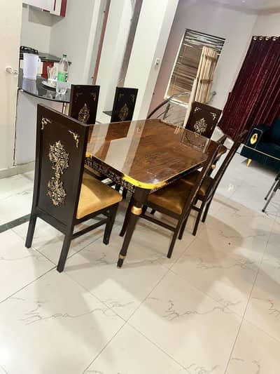 Aesthetic Dark Wood & Gold Accent 6-Seater Dining Table