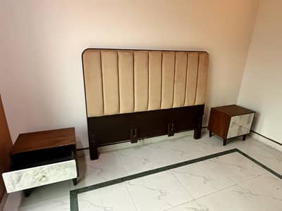 2 Modern Scalloped Upholstered King Size Bed with Matching Side Tables