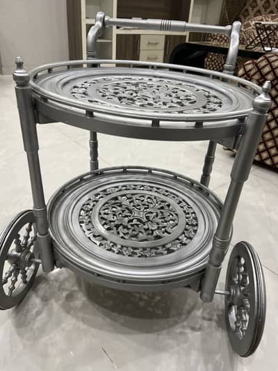 Beautiful Silver Tea Trolley – 2 Tier Decorative Serving Table