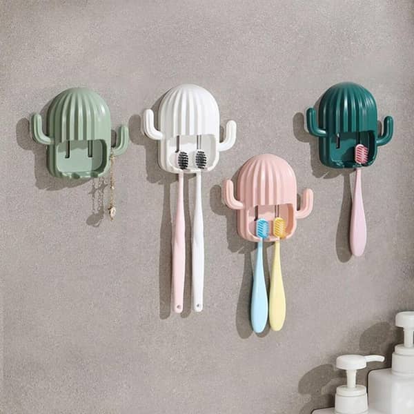 T  Self-adhesive Wall Mounted Toothbrush Rack Holder Cactus Hook Drain Organizer Storage - Multi