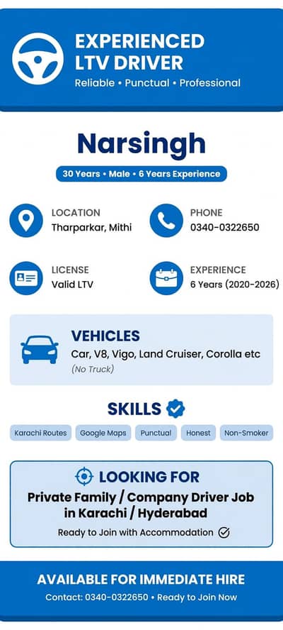 Narsingh LTV Driver 30 year Mithi Tharparkar Need Job Karachi Hydaraba