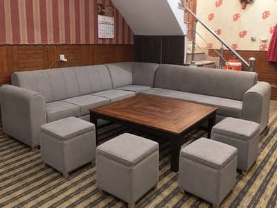 L-Shape 7 Seater Pure Wooden Sofa Set | 4 Mini Sofa Ottomans + Table