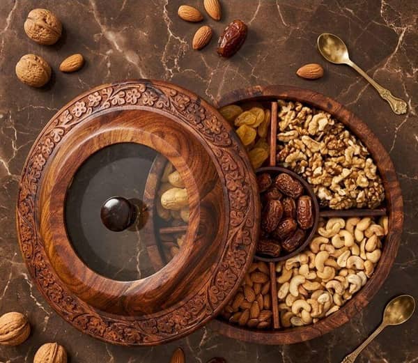 Premium Round Carving Dry Fruit Box | Hand Carved Sheesham Wooden Dry Fruit Pot, Dry Fruit Bowl