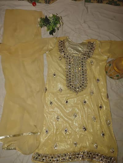 camel / cream / golden wedding embroidery shirt and dupatta