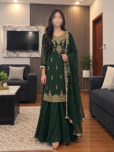 Fancy Dark Green chiffon dress| Heavy Embroidered 3-Piece