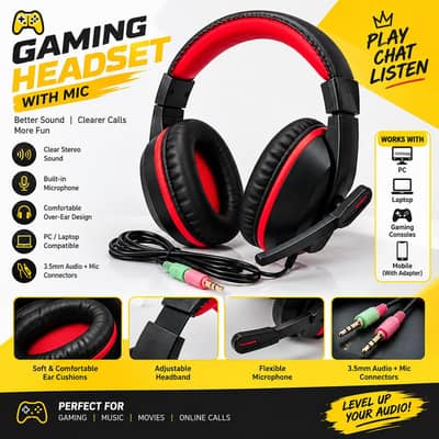 Gaming Headset With Mic | Stereo Sound | PC/Laptop | Red & Black