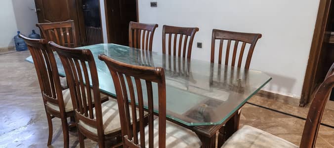 8 Seater Wooden Dining Table Set with Glass Top – 8 Chairs