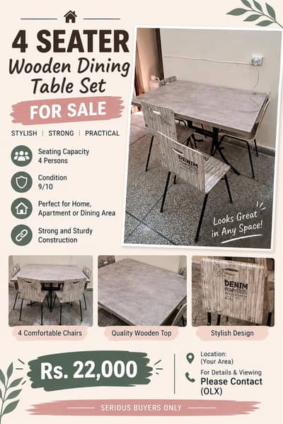 4-Seater Wooden Dining Table Set – Excellent Condition