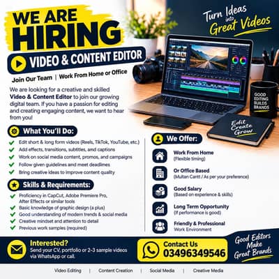 Video & Content Editor Required – Work From Home / Office | Multan