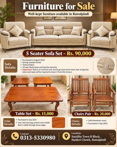 5 Seater Sofa, Table Set, Chairs for Sale - Satellite Town Rawalpindi