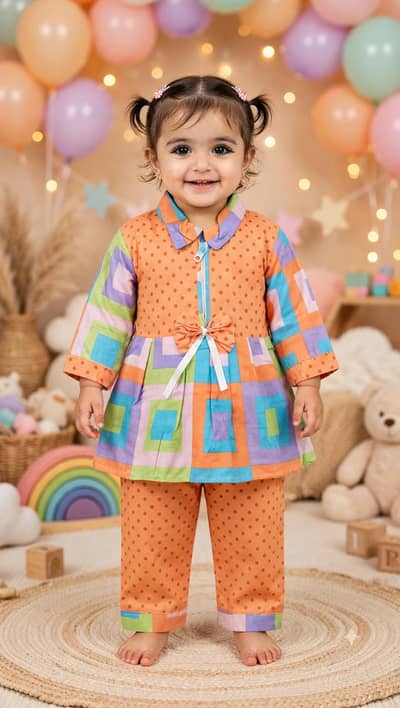Box Print Frock Suit for 3 to 12 Months