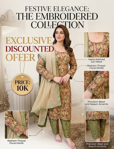 Designer Embroidered Suit - Fine Handwork & Dupatta - Women Dresses