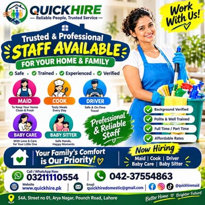 Professional Maid, Cook, Driver & Baby Care Staff Available