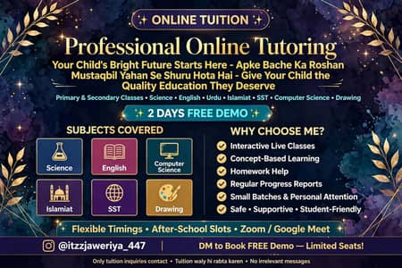 Online Female Tutor Karachi - Class 1 to 8 - 3 Days Free Demo