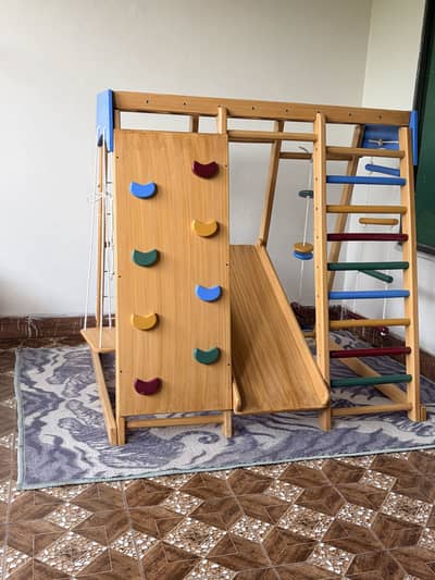 Kids Wooden Jungle Gym / Indoor Playset – Slide, Swing & Climbing Wall