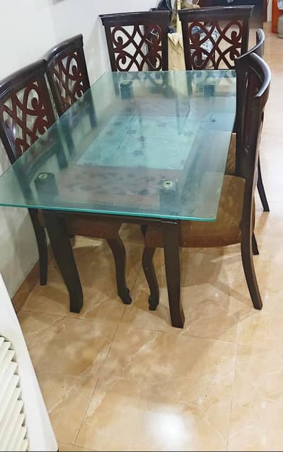 Elegant 6-Seater Mirror Dining Table with Wooden Chairs