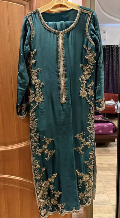 Elegant Emerald Green & Gold Embroidered Wedding Dress- Luxury Formal