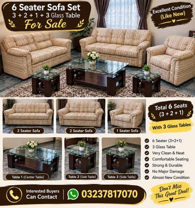 6 Seater Sofa Set (3+2+1) with Glass Table – Almost New Condition