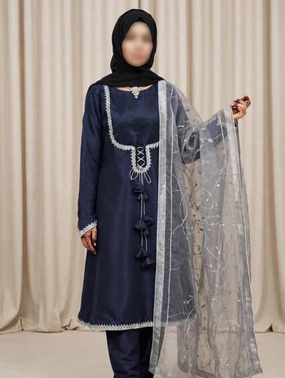 Navy Blue Party Wear 3pc - Silver Lace Work - Organza Dupatta -