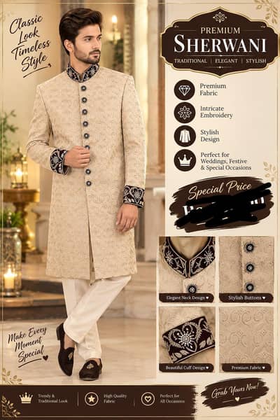 *Premium Cream Sherwani | Elegant Wedding Wear |*