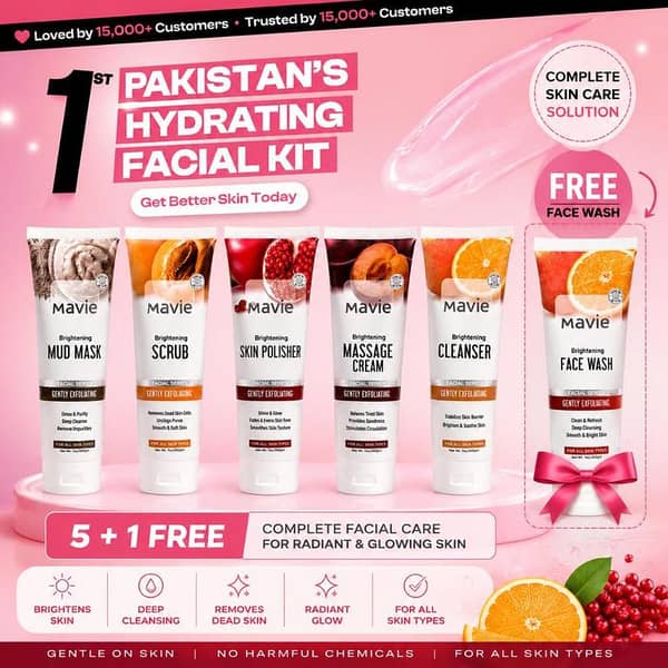 Mavie Brightening Facial Kit 5 Pcs + Free 200gm Face Wash Salon Pack Best Quality Imported Fruity Scrub Mud Mask Skin Polisher Massage Cream Cleanser