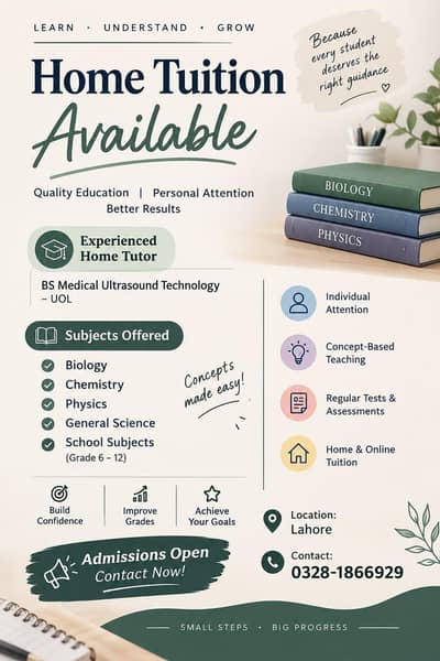 Home Tuition Available in Lahore DHA RAHBAR| Experienced Science Tutor