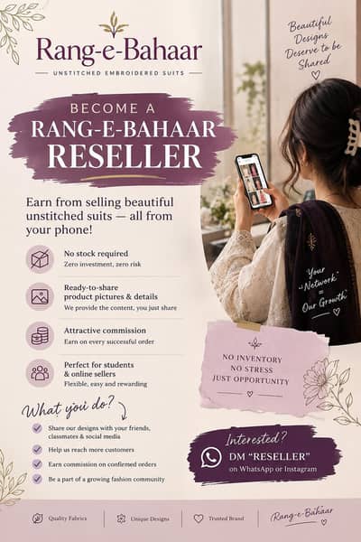 reseller needed for Rang e Bahaar unstitched embroidery 3-piece suites