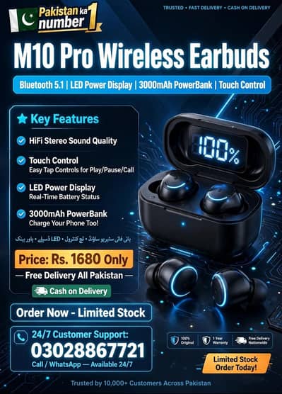 M10 Pro Wireless Earbuds Original - LED Display - Free Delivery