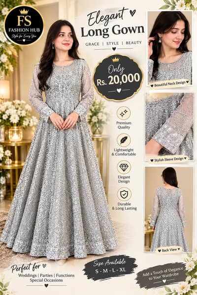 Silver Long Gown | Embroidered Party Wear Maxi | Wedding & Formal Dres