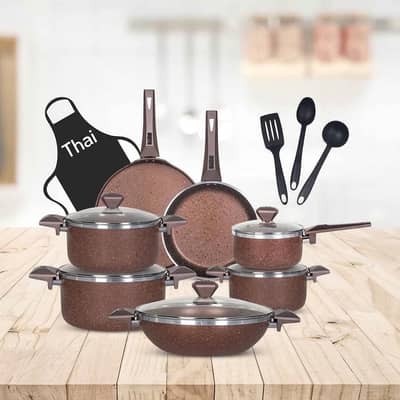 THAI 21 Pieces Marble Finish Non Stick Cooking Set with Spoons & Apron