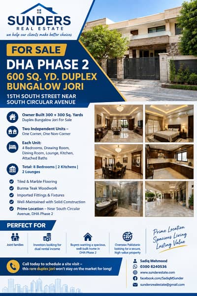 DHA Phase 2: 300+300 Yards Duplex Jori Near South Circular Avenue Attractive Price | Ideal For Joint Families, Investors, OverSea Pakistanis For Rental Income | Call Sunders Real Estate