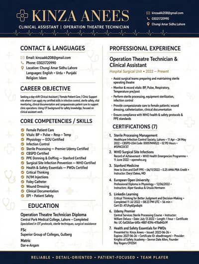 i am certified Clinical assistant|OT technician
