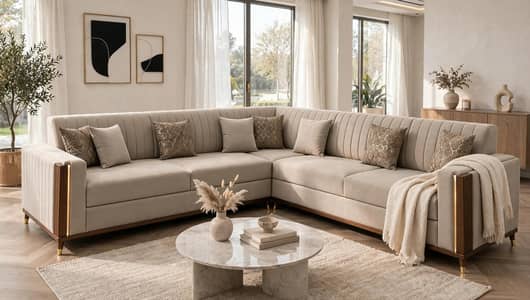 7 Seater L Shape Sofa - Beige - Shazan Factory Lahore