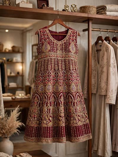 Maroon Red Heavy Embroidered Bridal Nikkah Dress - 4pc with Garara