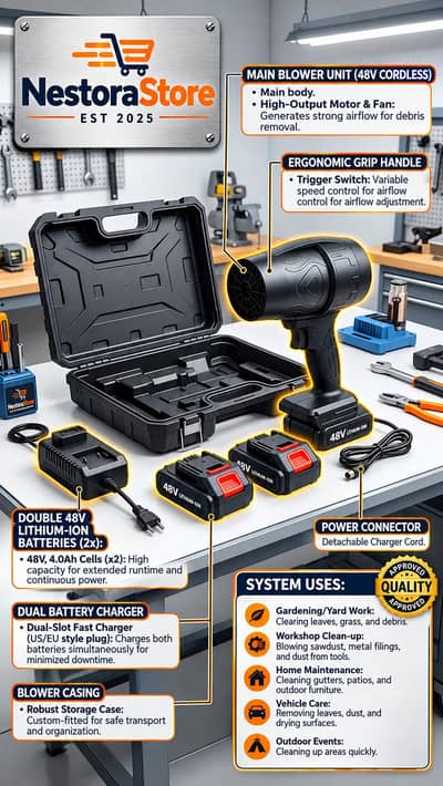 M1 Cordless Blower With Box | 2 Battery | Powerful Airflow | With Box