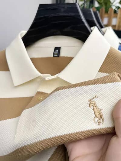 Men Striped Polo Shirt Khaki Summer Casual Short Sleeve