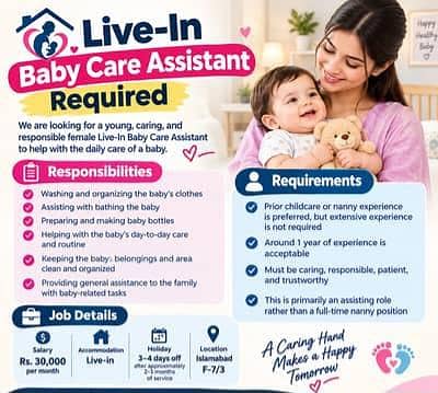 Mujhe baby care k liye aik larki chahiye just 5 hours rozana saturday