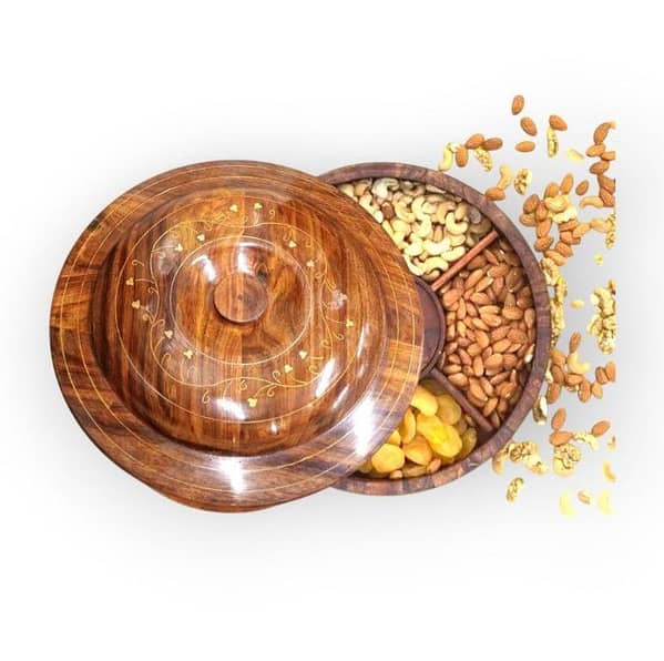 Premium Wooden Dry Fruit Bowl with Brass Work | Handmade Sheesham Brass Bowl