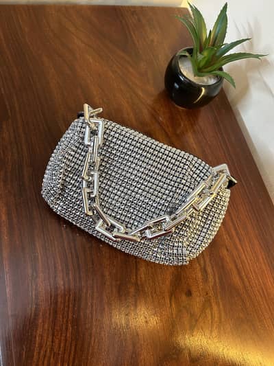Stylish Silver Rhinestone Clutch / Shoulder Bag with Thick Chain