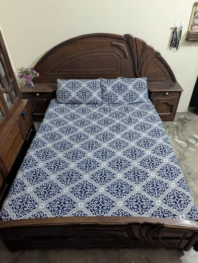 Beautiful Wooden Double Bed with Side Tables – Good Condition