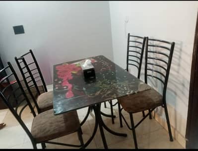 Iron Dining table , 3D glass top with 4 chairs