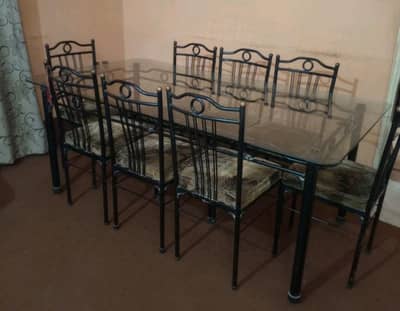 8-Seater Iron Dining Table with Glass Top & Cushioned Chairs