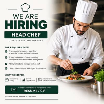 Hiring Head Chef for new Fast Food Restaurant