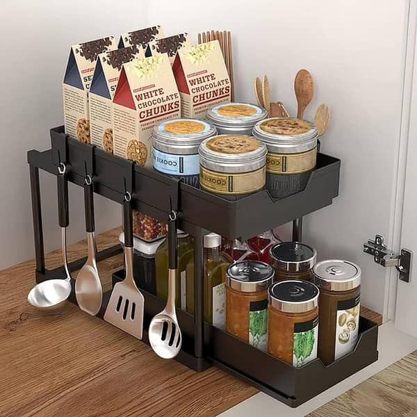T  Double-Layer Multifunction Kitchen Storage Rack, Kitchen Storage Holder Sliding Seasoning Shelf Home Accessories