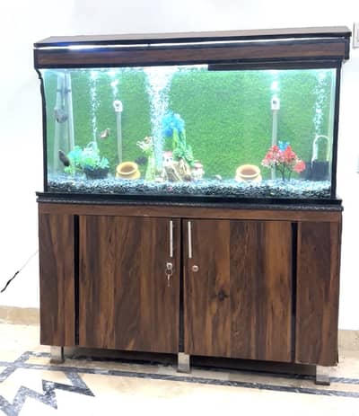 Aquarium for sale with table filter light fishes gravel