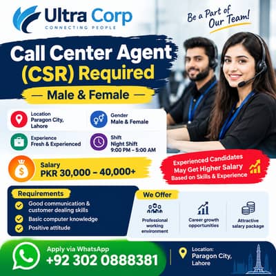Call Center Agents (CSR) Required  Male & Female | Ultra Corp | Lahore