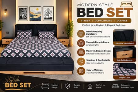 Modern Stylish Bed Set | Double Bed with Side Tables