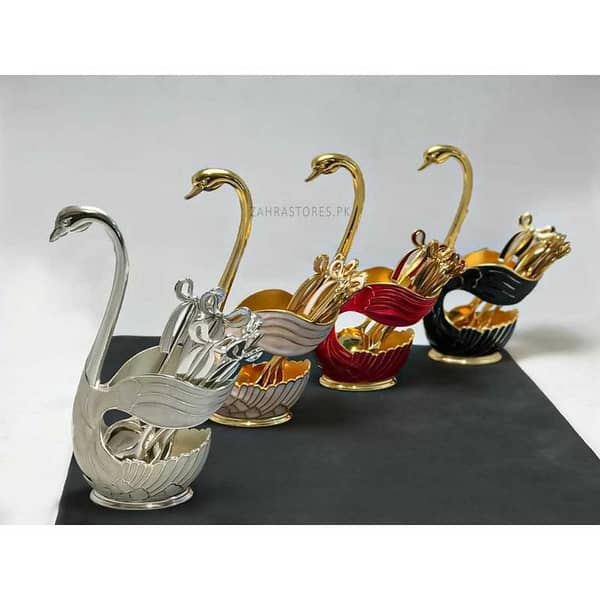 T  Stainless Steel Dessert Coffee Tea 6 Pcs Spoon Swan Holder Cutlery Set Tableware Spoon Set Home Decor