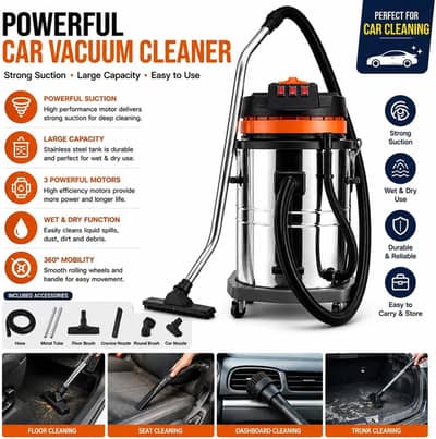 Powerful 3 Motor High Power Wet Dry Car Vacuum Cleaner - 80 Ltr Dust